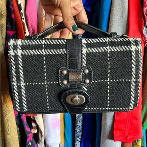 Tweed fabric top handle wallet crossbody